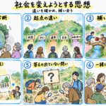 社会を変えようとする思想：共有している診断、起点の違い、補い合う、変革の経路（仮説）、答えの出ていない問い、一緒に考える、の6つの場面を描いた一枚絵